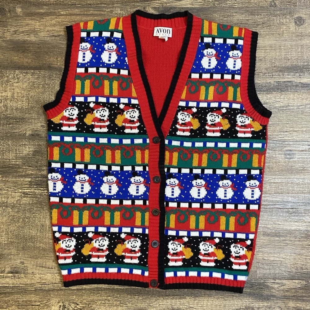 Avon Sweater Vest Women's Size S/M Christmas‎ Santa Snowman Holiday Presents EUC